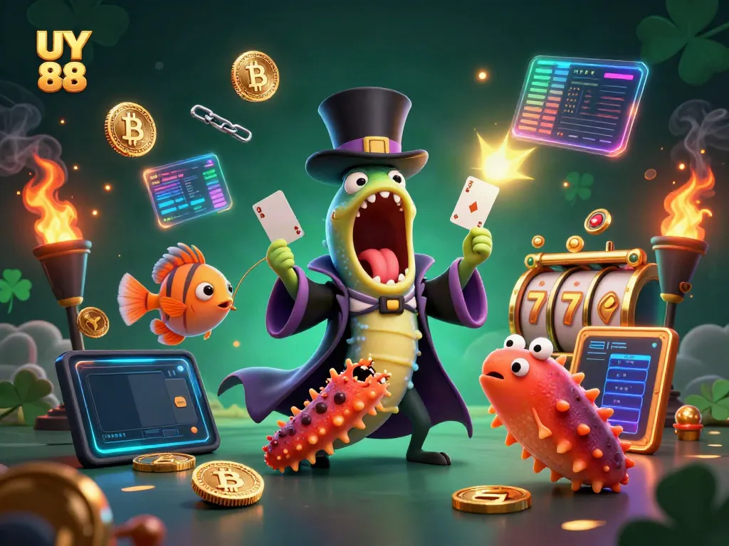 Catch exciting UY 88 casino magic with a bioluminescent eel performing card tricks amidst cryptocurrency elements.
