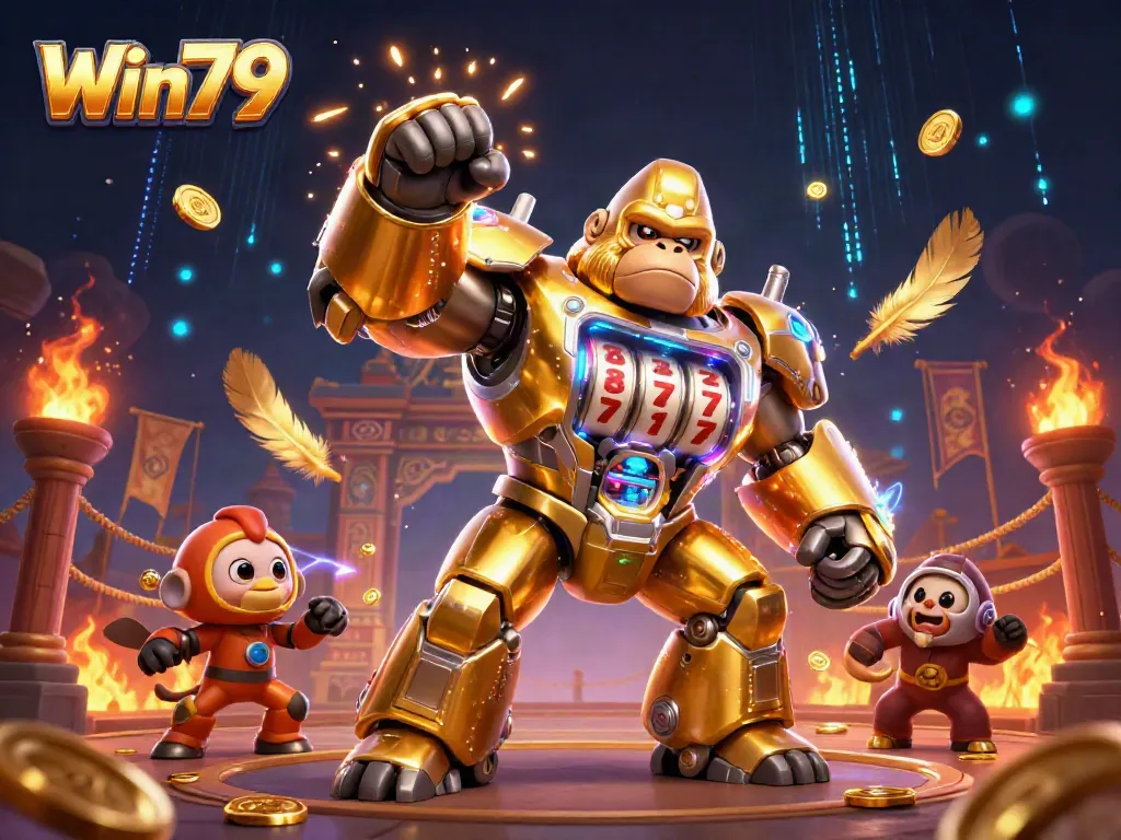 Experience thrilling wins at Win79 with a striking golden gorilla mech amidst vibrant casino elements.
