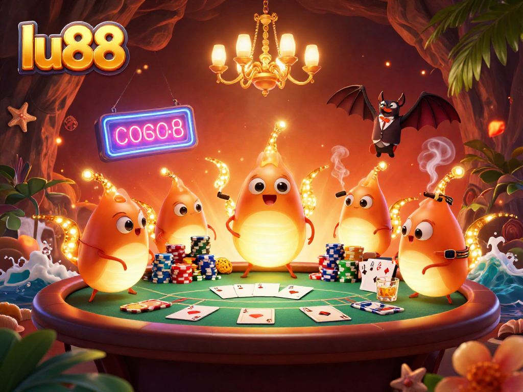 Experience lu88 action with glowing glowworms lighting a vibrant cave casino scene.