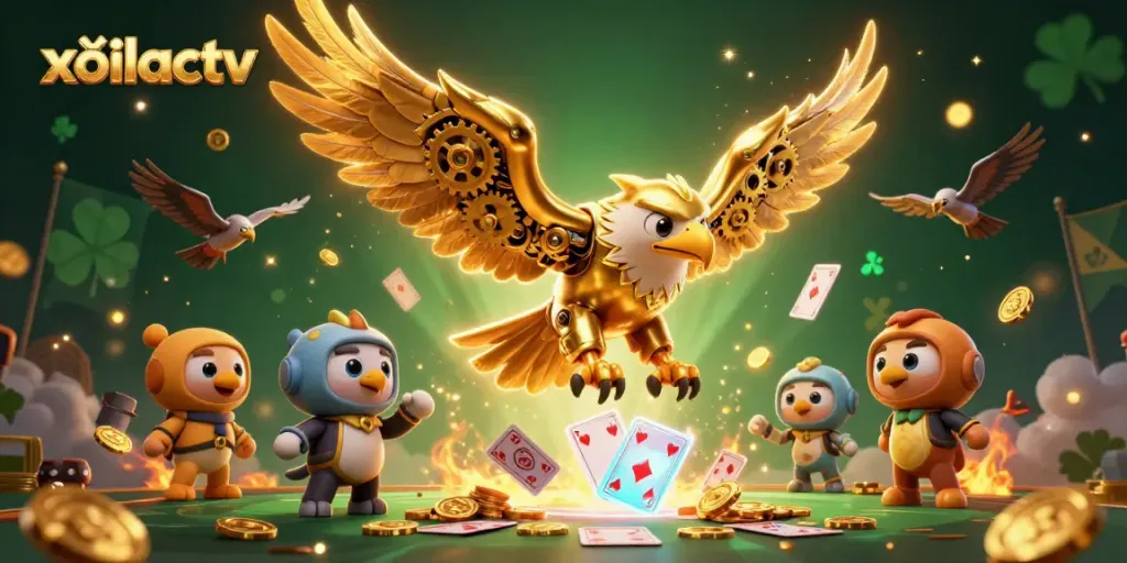 Experience the thrill of xoilactv with a cybernetic eagle soaring in a vibrant casino scene filled with gold and cards.