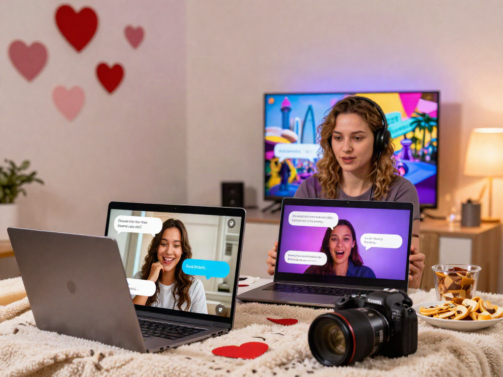 Engaging couple on a video call during a sex chat session, showcasing interactive digital environment.