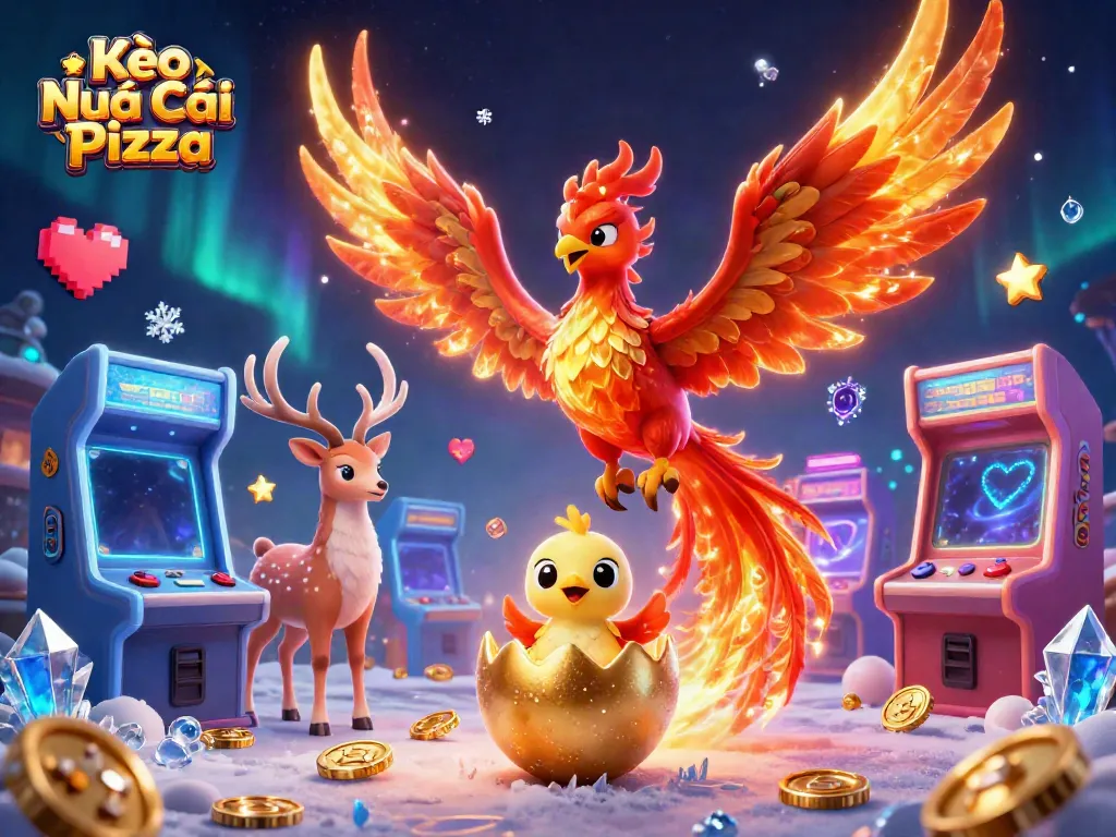Kèo Nhà Cái Pizza offers an exciting scene with a soaring phoenix, gaming machines, and sparkling coins.