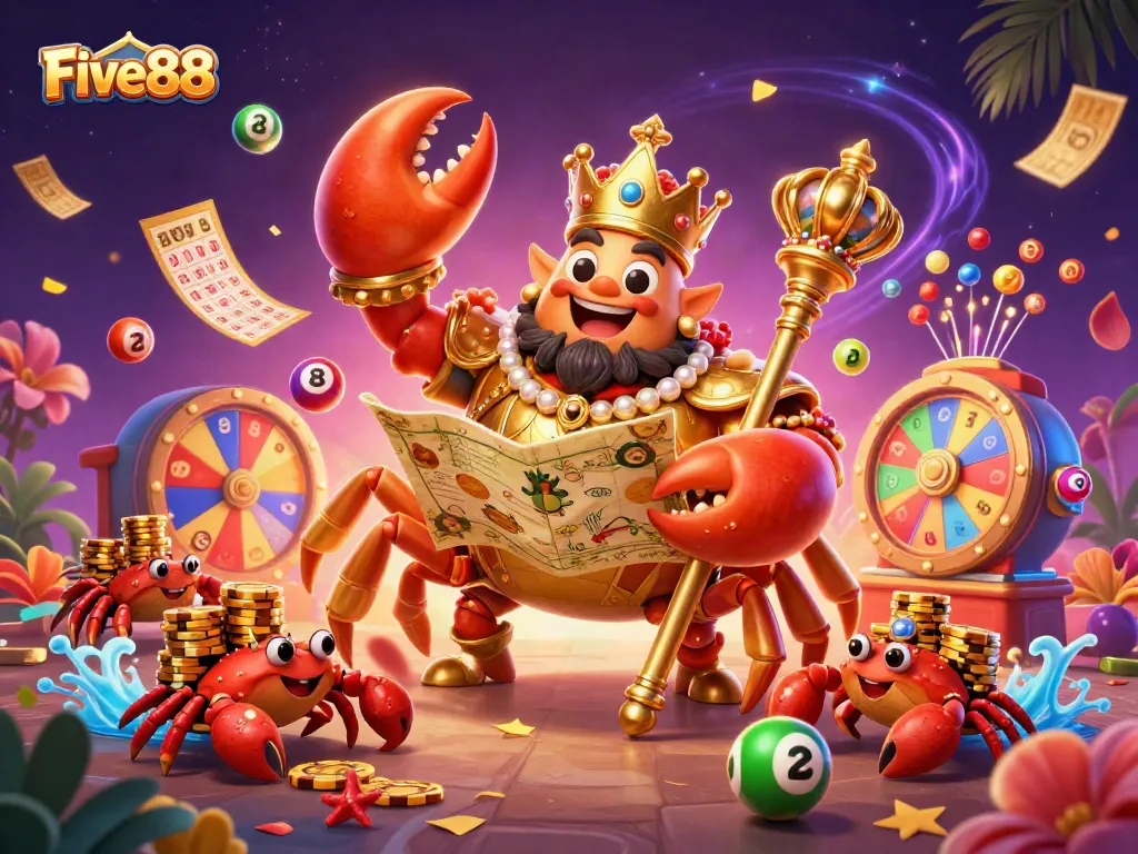 Engage with Five88's vibrant gaming atmosphere featuring a golden crab emperor, lottery elements, and dynamic casino action.