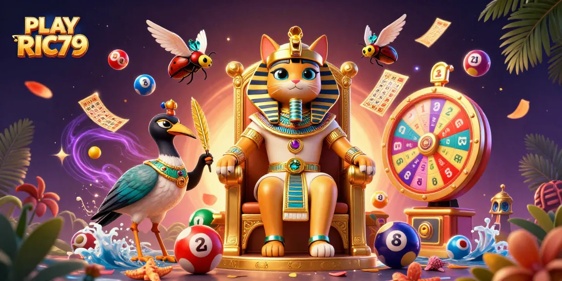 Engage with PLAY RIC79 in a vibrant 3D casino scene featuring a pharaoh cat and dazzling prizes.
