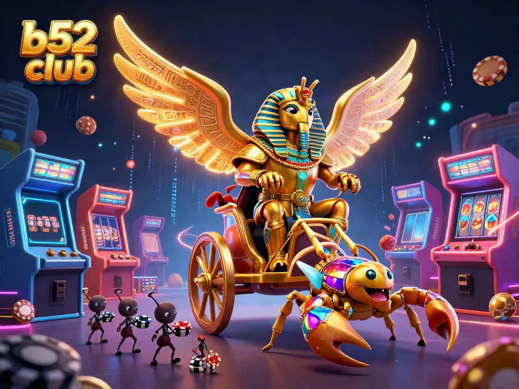 Engage in thrilling games at b52 club, featuring vibrant 3D illustrations of online casino elements.