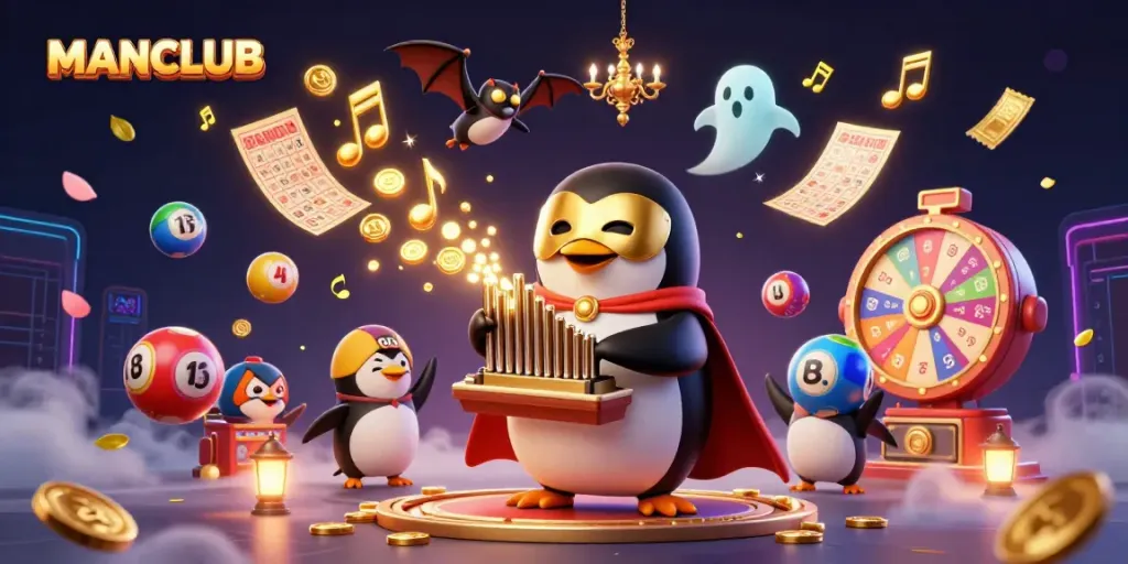 Engage in thrilling MANCLUB gaming adventures with a vibrant scene of a penguin playing an organ amidst a flurry of lottery balls and golden coins.