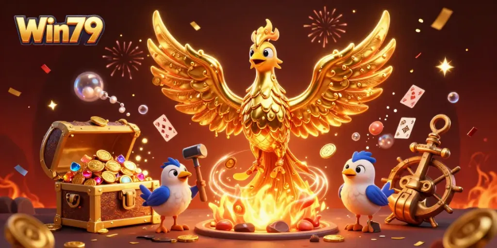 Engage in thrilling gameplay at Win79 surrounded by a molten phoenix and rich casino elements.