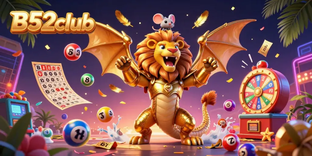 Experience the exciting B52club with a triumphant chimera and vibrant gambling elements in a dynamic casino scene.