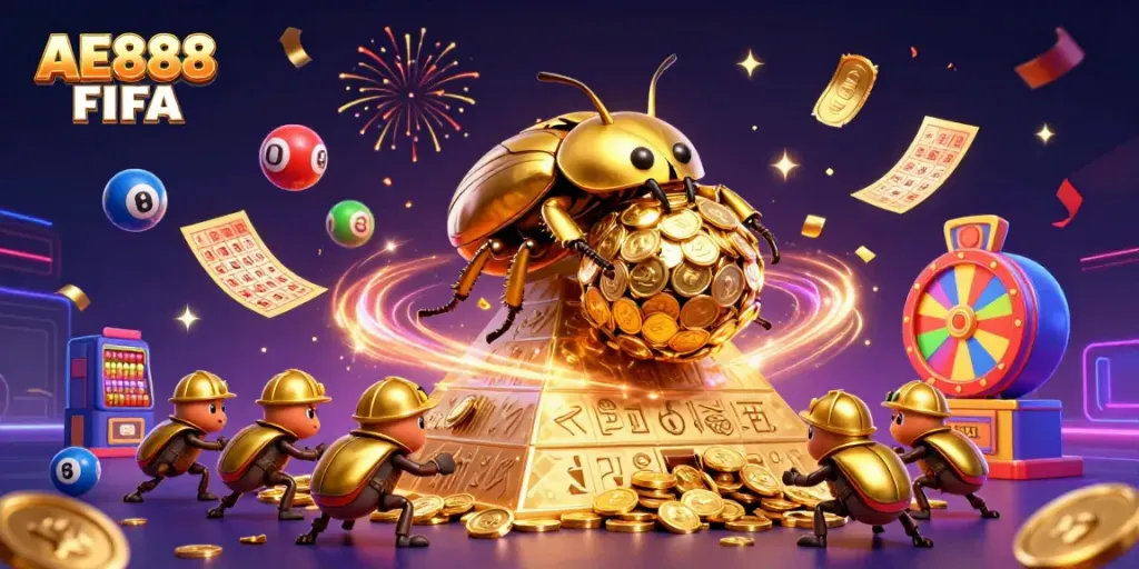 Experience vibrant gameplay with AE888 FIFA, showcasing golden beetles and dynamic casino elements.