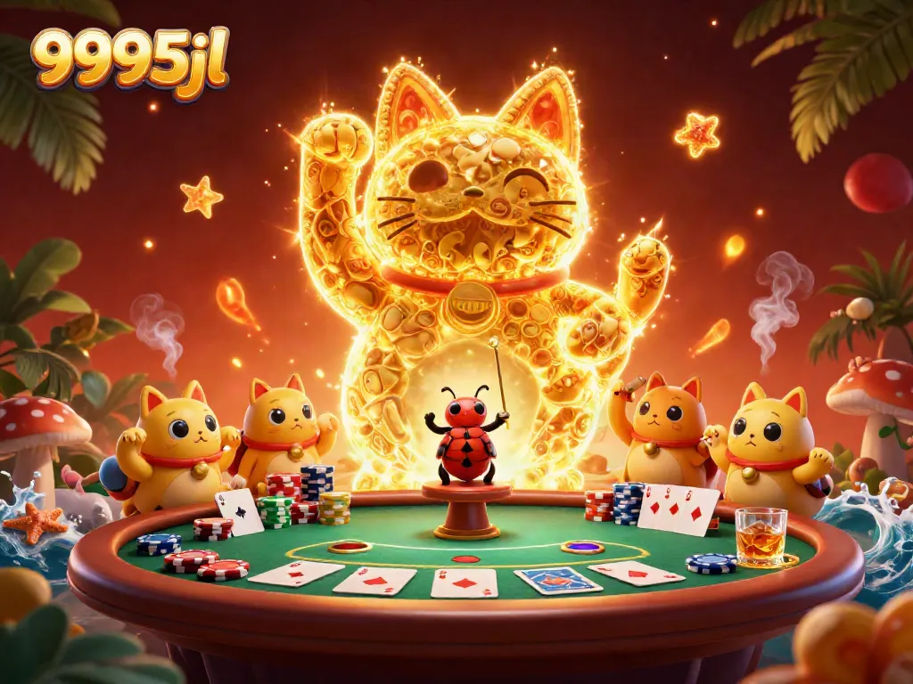 Experience the vibrant 9995jl gaming scene with golden fireflies, poker elements, and an enchanting lucky cat.