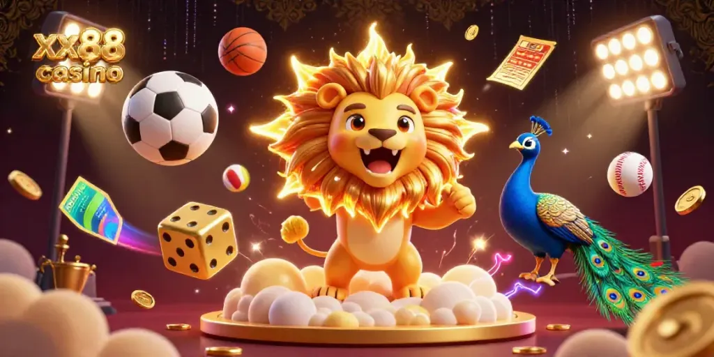 Engaging scene of the xx88 casino featuring a roaring lion and golden dice with dynamic sports elements.
