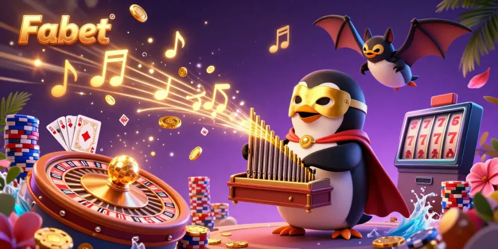 Experience thrilling moments at Fabet with a dynamic scene featuring a cartoon penguin and golden coins.