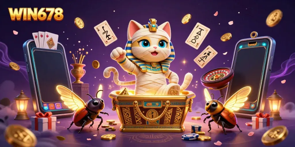 Experience thrilling action at WIN678 with a lively scene of a mummy cat, glowing scarab, and gambling treasures.