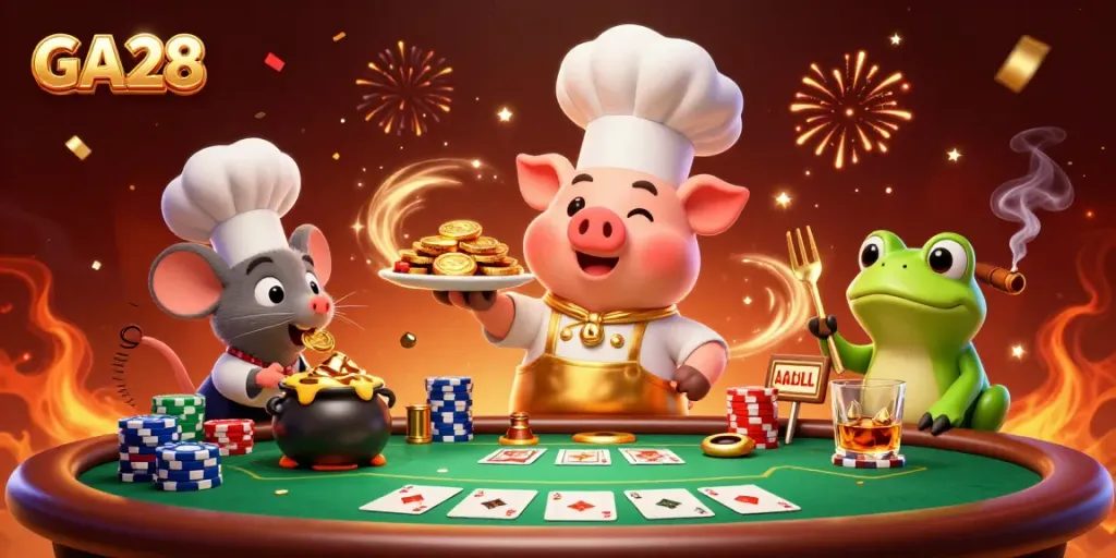 Engaging GA28 scene with a chef pig serves gold coins at poker table, featuring casino elements and festive effects.