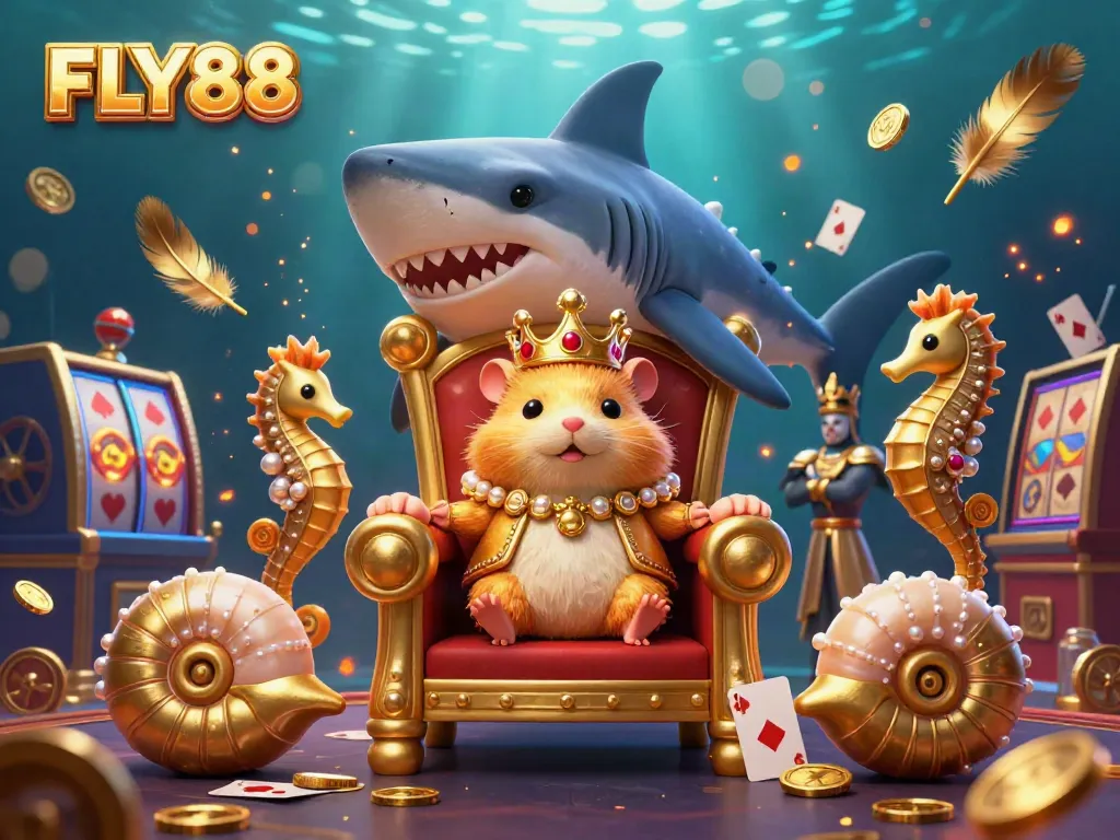 FLY88's vibrant casino illustration featuring an energetic hamster king in a gambling-themed underwater scene.