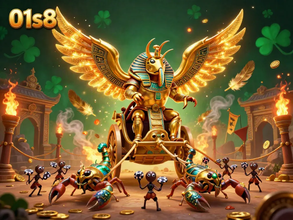 Experience thrilling casino action with 01s8 featuring a colossal scarab beetle and jewel-encrusted scorpions.