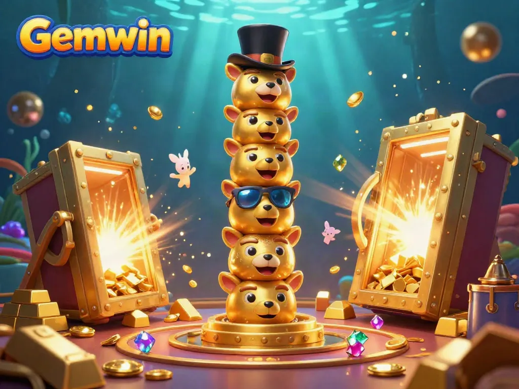 Experience the thrill of Gemwin with vibrant casino elements bursting with treasures and whimsical characters.
