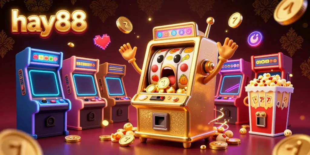 Experience the excitement of hay88's golden slot machine jackpot with cheering machines and a vibrant arcade.