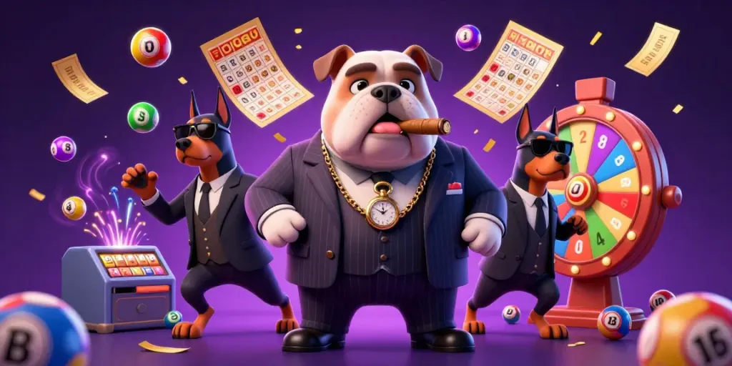 Experience thrilling gaming at DA88 with a vibrant 3D casino illustration featuring a mafia bulldog and Doberman bodyguards.