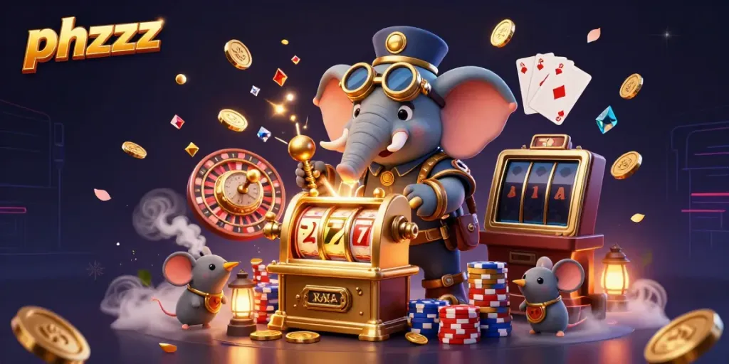 Experience thrilling slots at phzzz with a steampunk elephant and exciting casino elements.