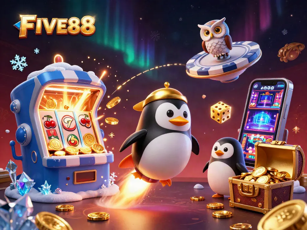 Experience exciting slots and jackpots at FIVE88, with vibrant animation of gaming elements.