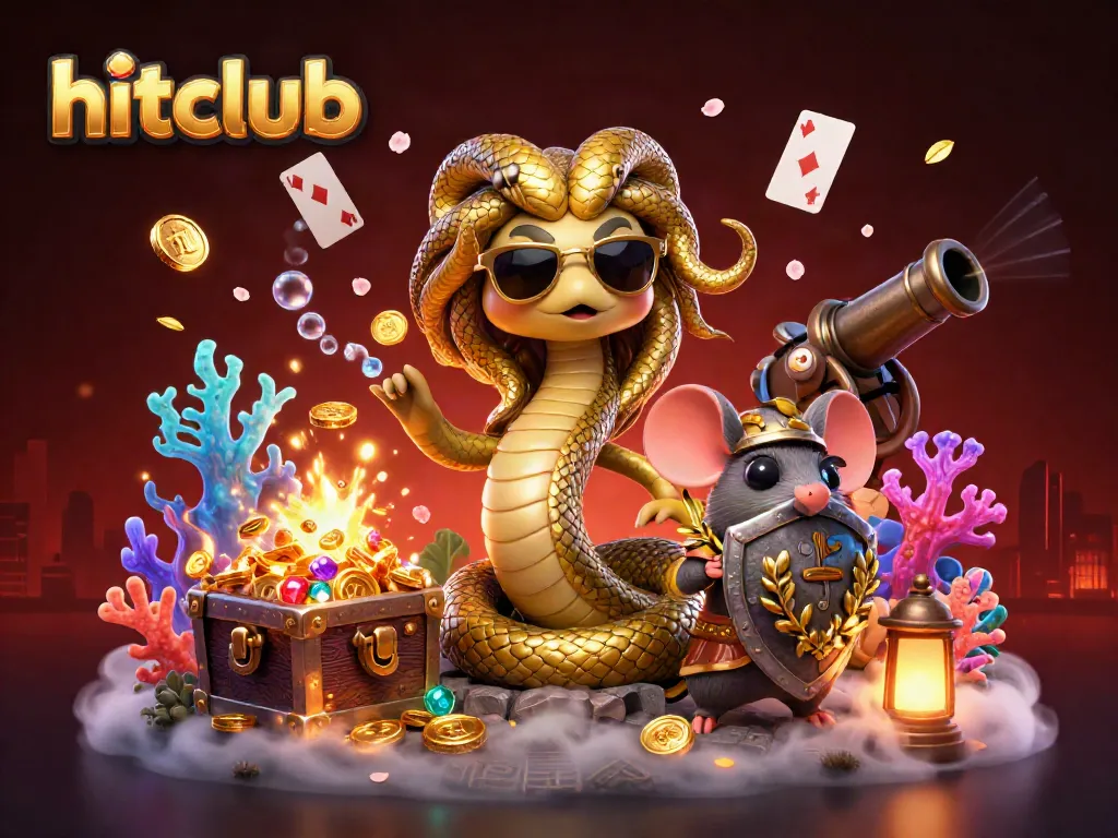 Experience thrilling gameplay at hitclub with Medusa and a warrior mouse surrounded by treasures and casino elements.