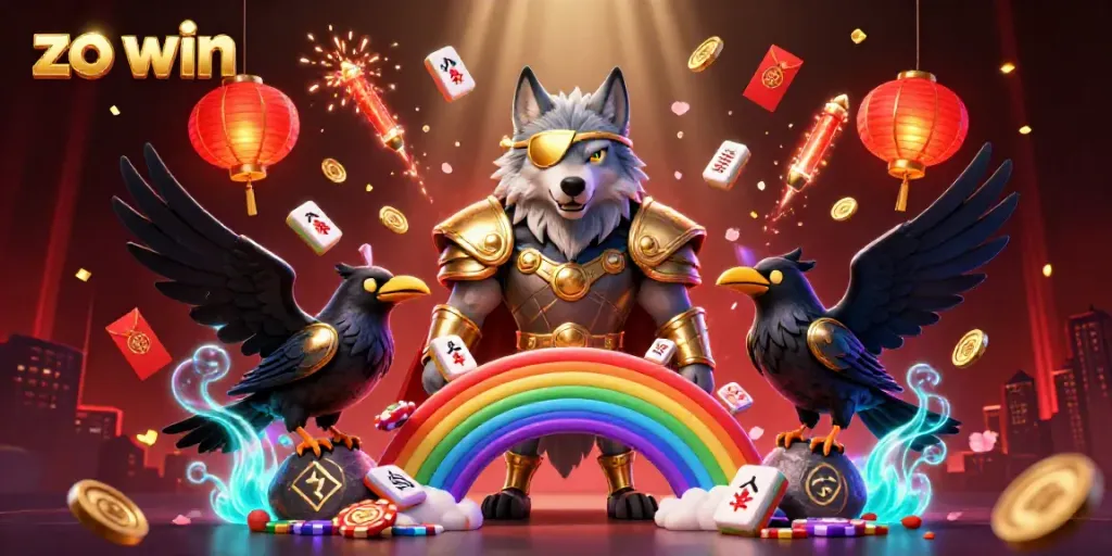 Engage with zo win in this thrilling 3D casino scene featuring mythical elements and festive gaming symbols.