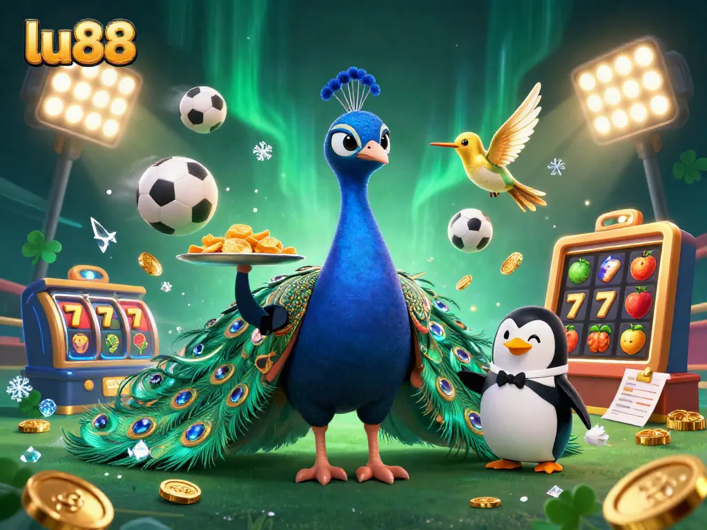 Experience excitement at lu88 with a lavish casino scene showcasing a peacock, penguin, and hummingbird among vibrant gaming elements.