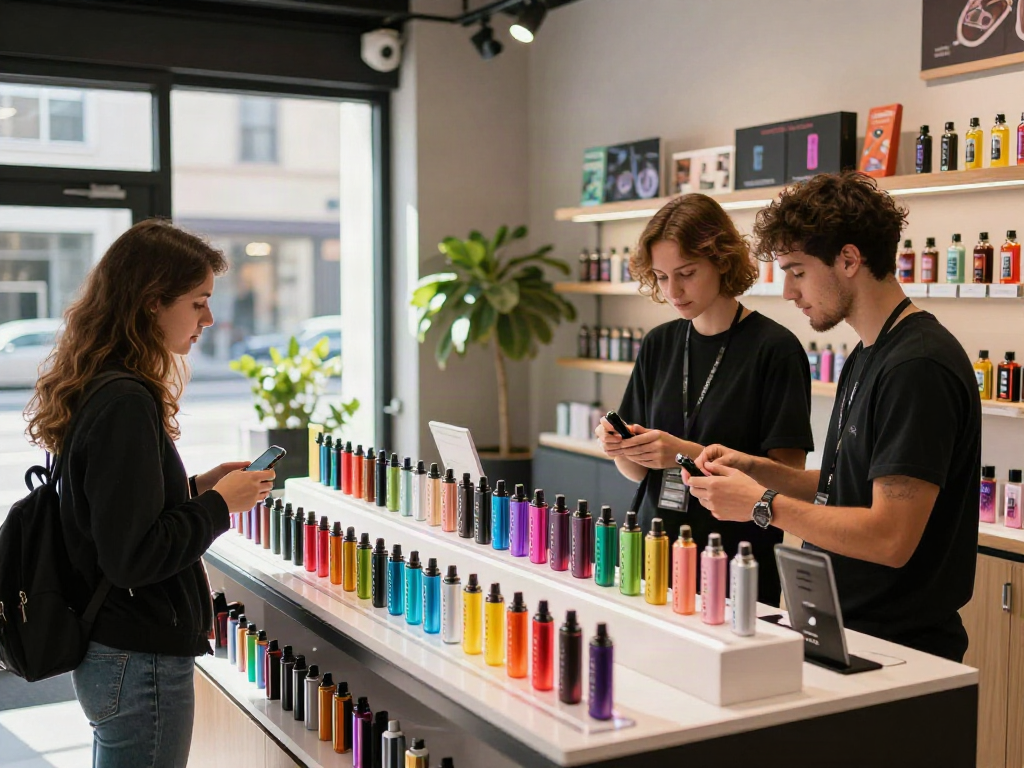 Customer exploring raz vape products and flavors in a modern retail setting.