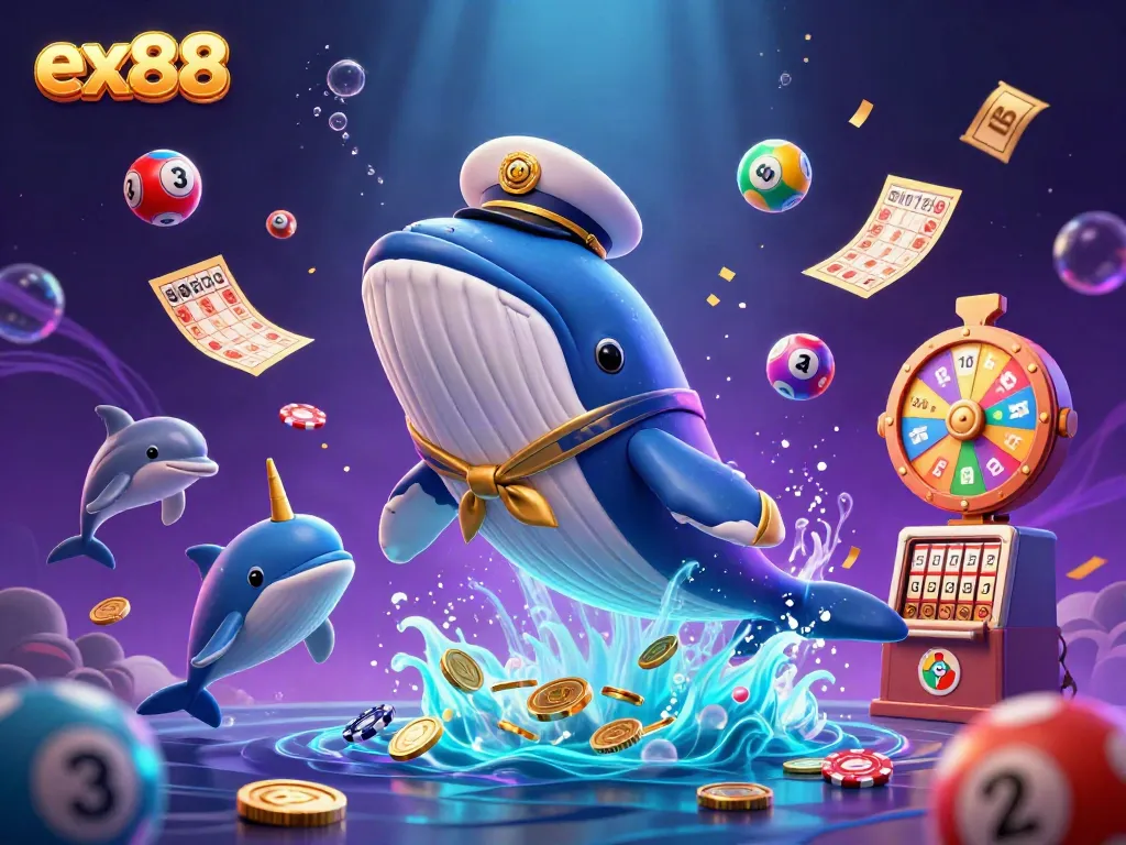 Join the excitement of ex88 with a whimsical underwater scene full of playful casino elements.