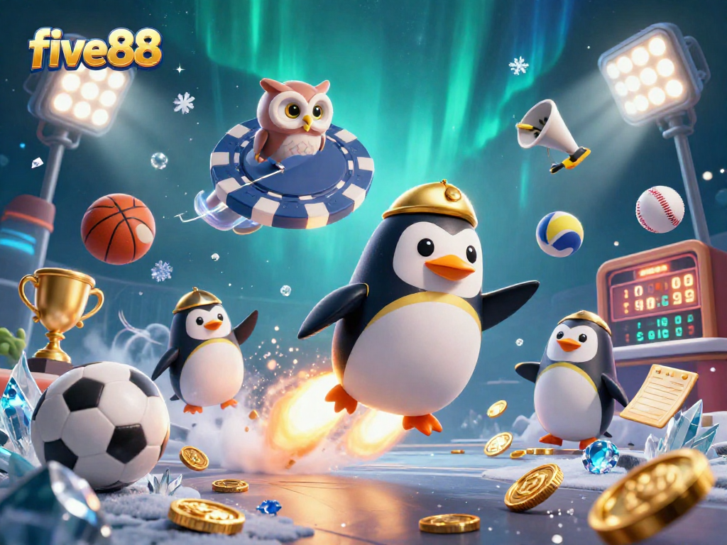 Experience thrilling gameplay at five88 with dynamic sports elements and a golden penguin character.