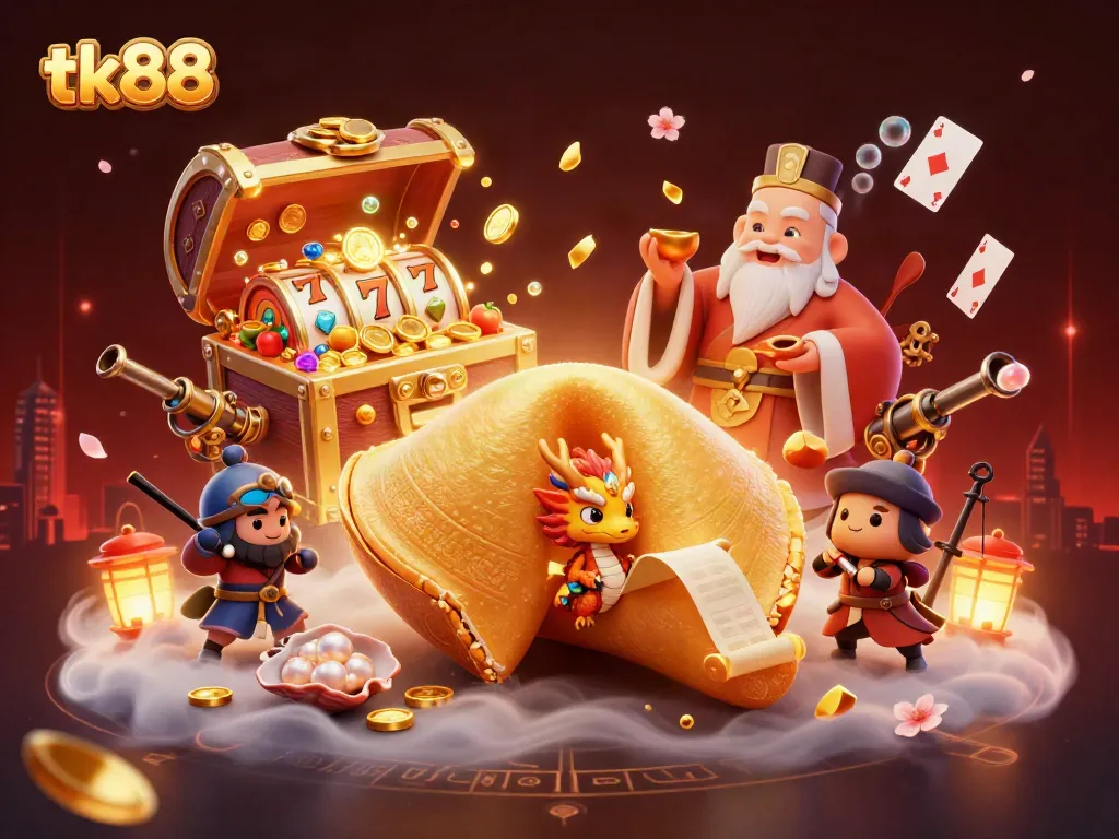 Enhance your luck with the tk88 giant fortune cookie featuring golden treasures and playful characters.