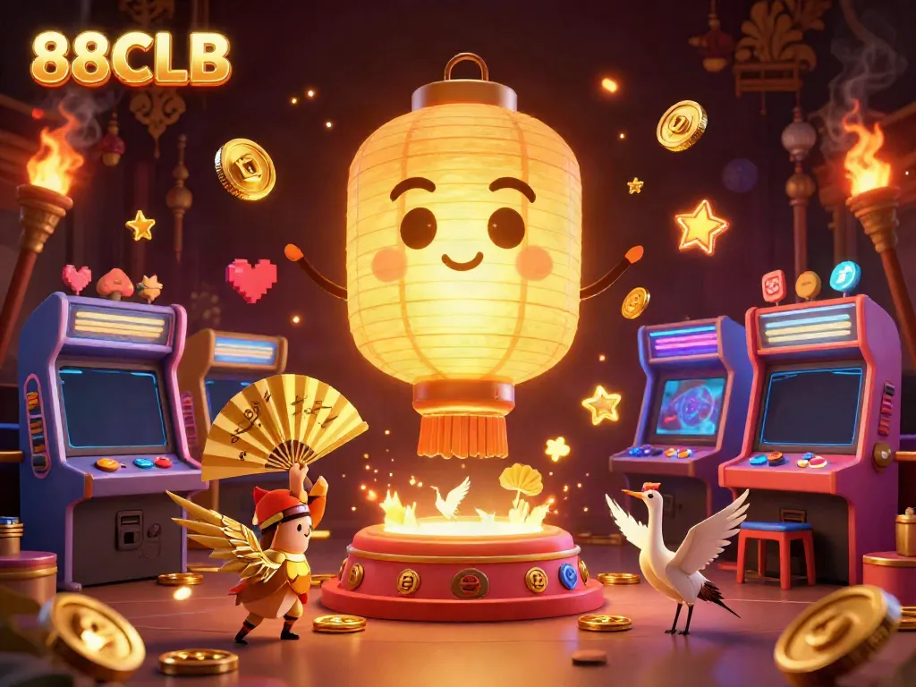 Experience the enchanting world of 88CLB with a vibrant 3D illustration of golden lantern spirits and gaming elements.