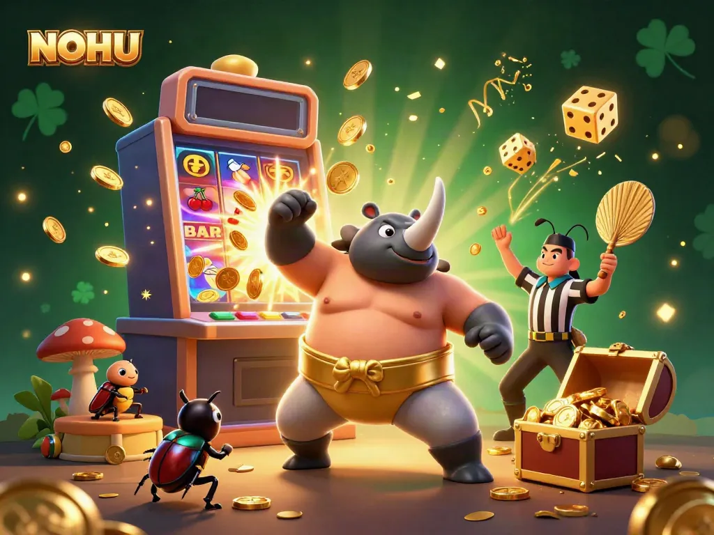 Witness NOHU's thrilling gameplay with a cartoon rhinoceros beetle sumo stomping gold coins amidst vibrant casino elements.