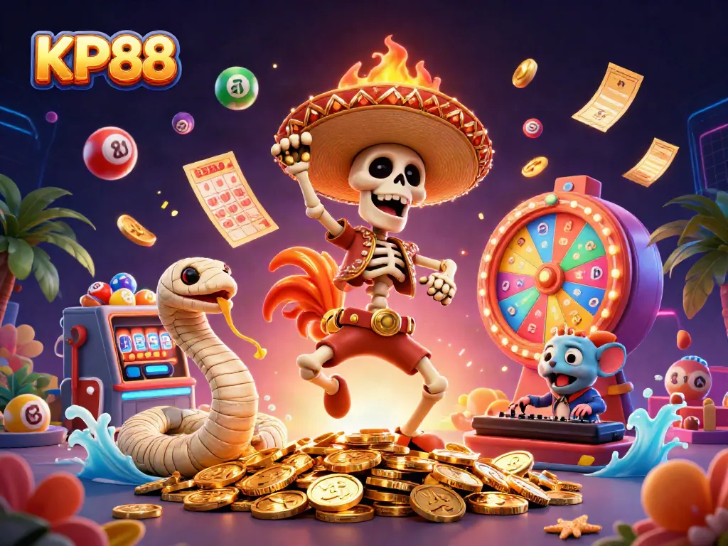 KP88 brings excitement as a cartoon mariachi rooster celebrates on golden coins amidst a dynamic casino scene.