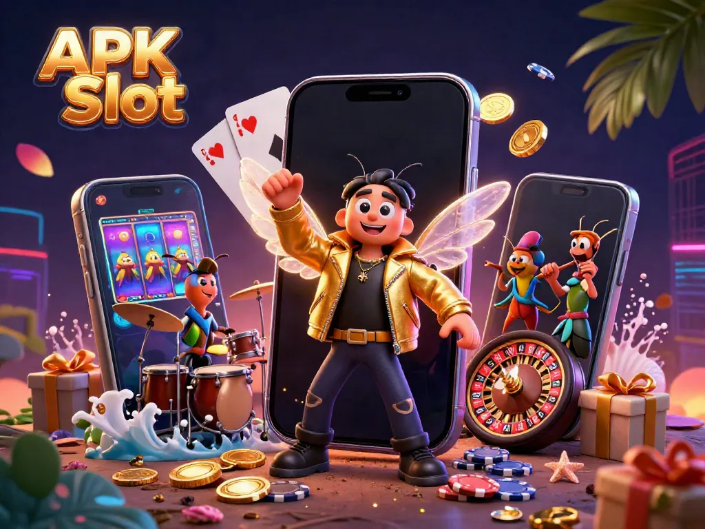 Experience the thrill of APK Slot with a vibrant 3D illustration featuring dynamic casino elements.