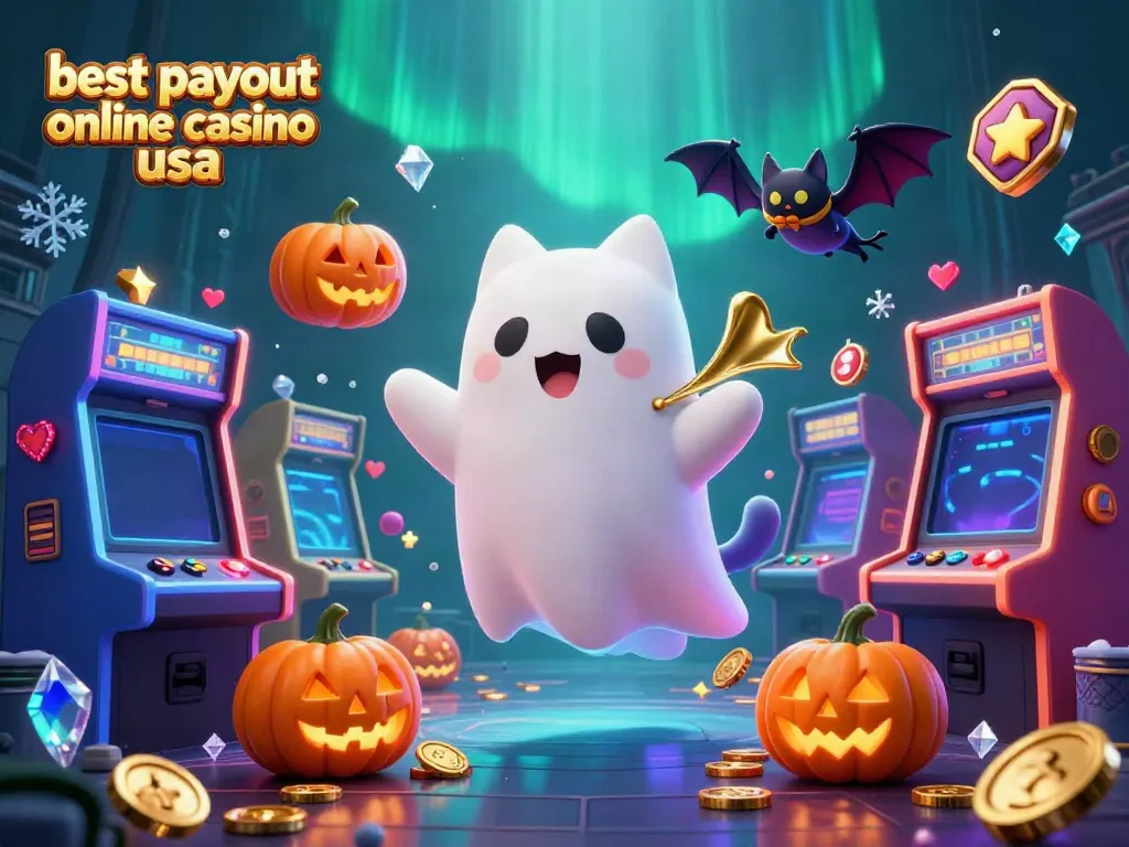 Experience the excitement of the best payout online casino usa with our vibrant 3D ghost cat and bat scene surrounded by casino-themed fun.