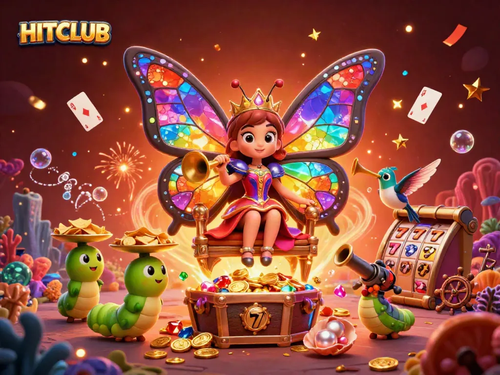 Experience HITCLUB with thrilling casino gameplay amidst vibrant, magical characters.