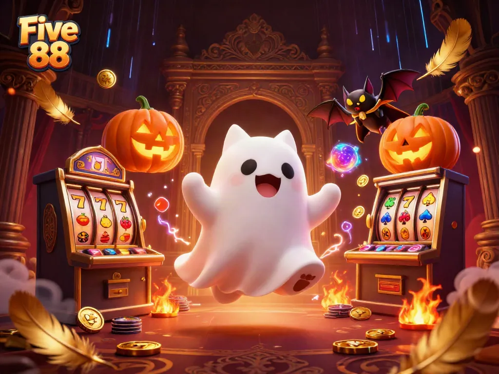 Experience the thrill of Five 88 with a playful ghost cat and vibrant casino atmosphere.