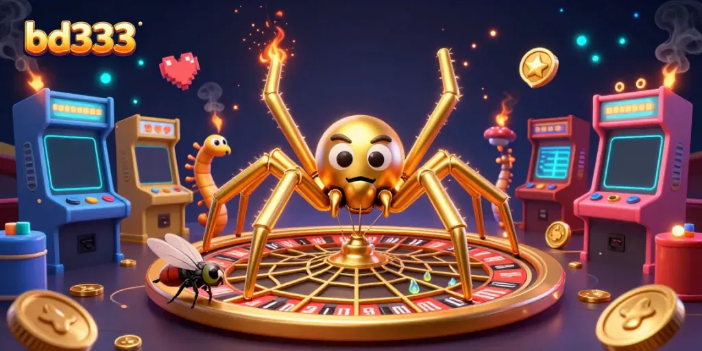 Experience the excitement of betting at bd333 with a golden spider spinning a roulette-shaped web.