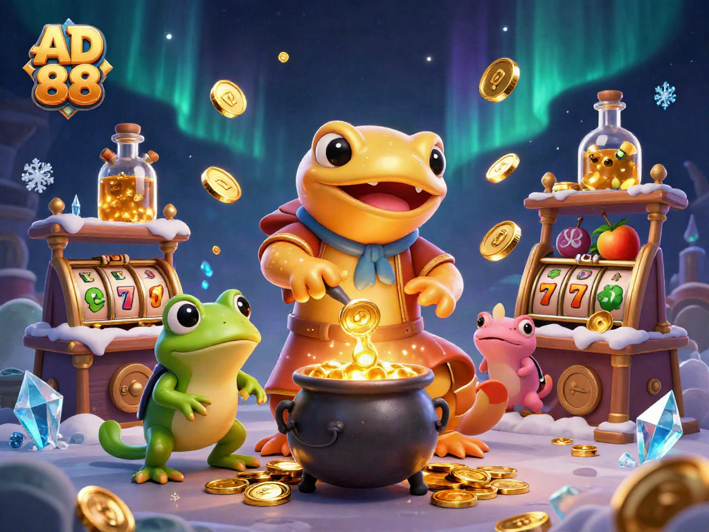 Experience the thrill of winning with AD 88 as golden coins and slot reels come alive in a magical lab.