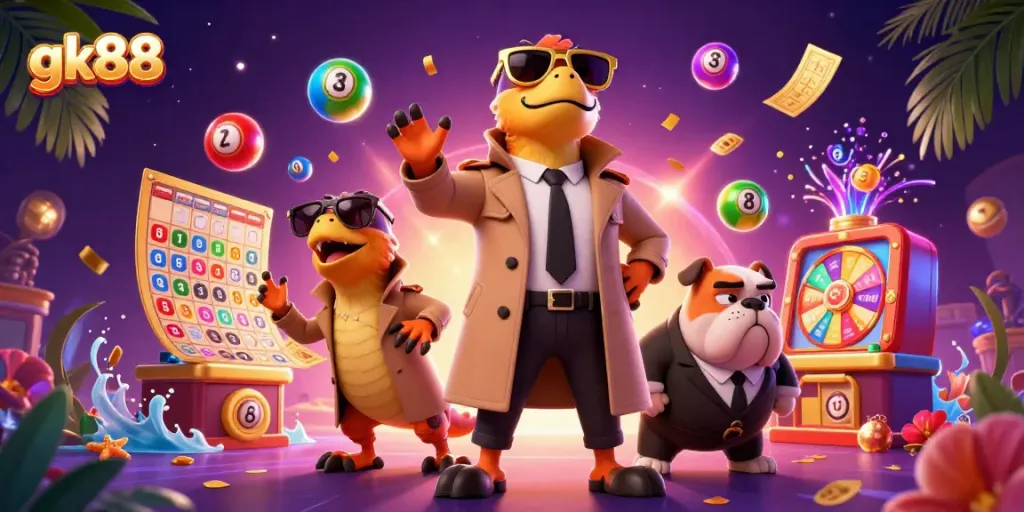 Experience gk88's vibrant casino scene with raptors in disguise and dynamic game elements.
