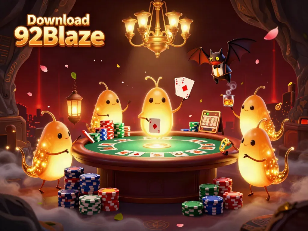 Experience the thrill with Download 92Blaze, a vibrant 3D casino scene with glowing glowworms and a bat dealer.