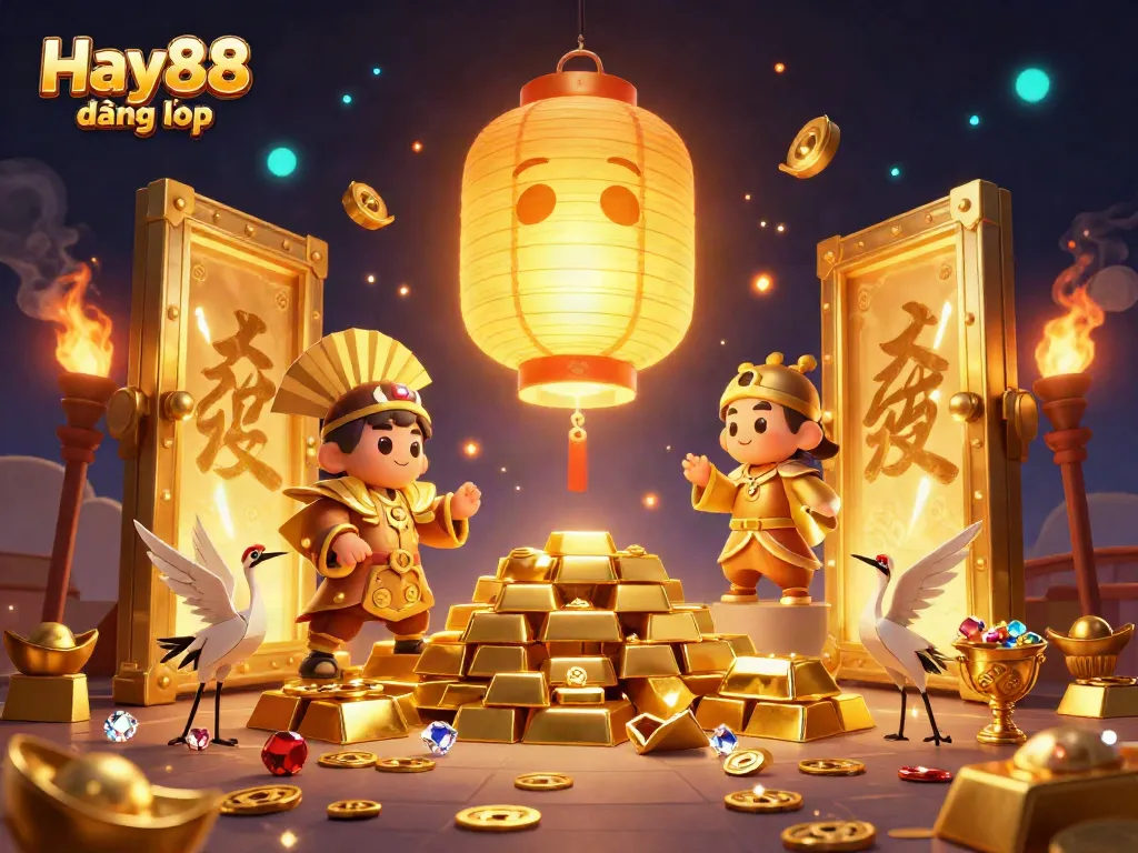 Experience Hay88 đăng nhập with a vibrant scene featuring glowing characters and casino treasures.