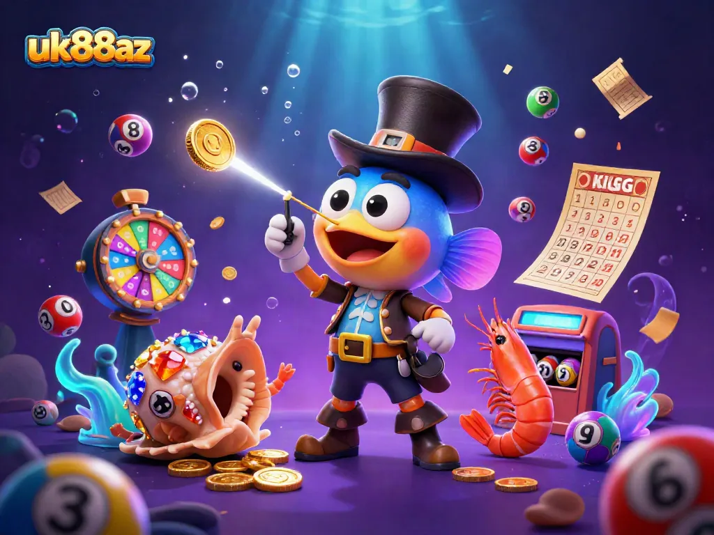 Catch golden coins at uk88az with a thrilling 3D anglerfish casino scene featuring dynamic gaming elements.