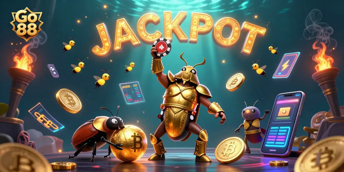 Go 88 champions celebrate a jackpot win with vibrant colors and glowing crypto coins