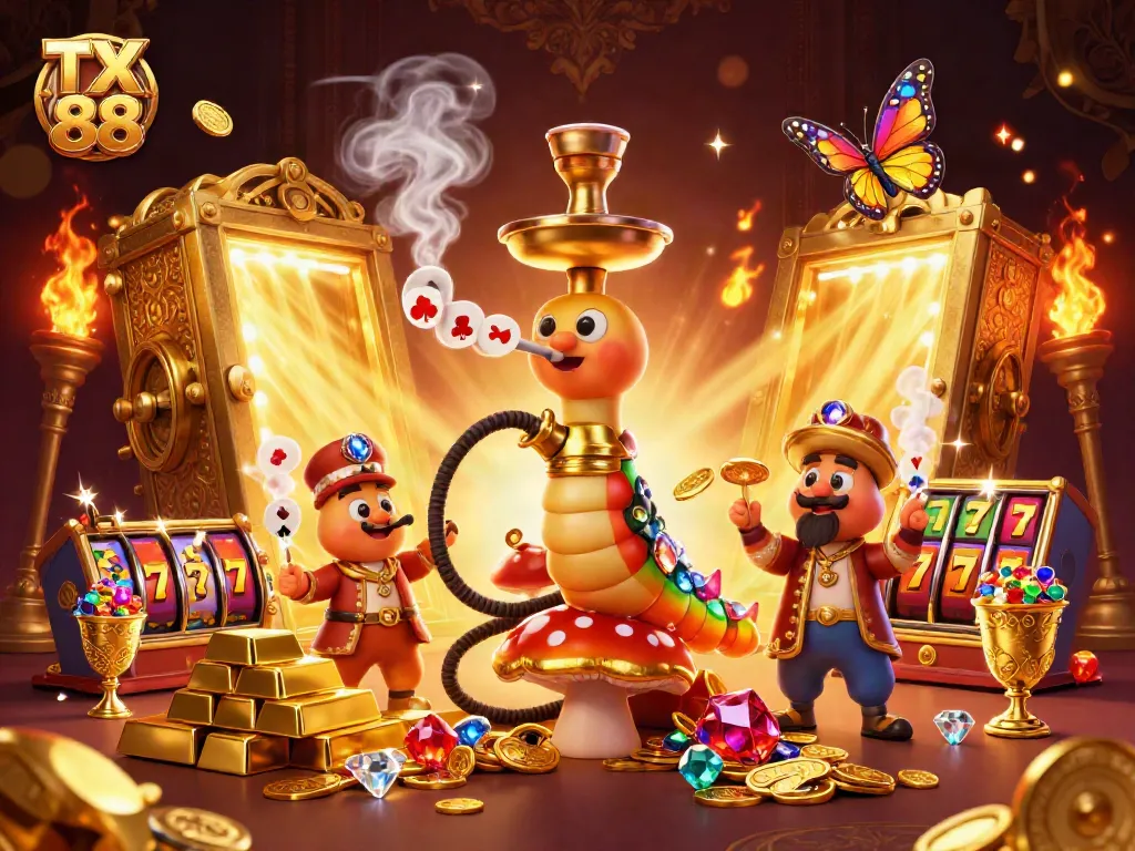 Engage with TX 88 in a vibrant 3D scene featuring immersive slot game elements and jewel-encrusted treasures.