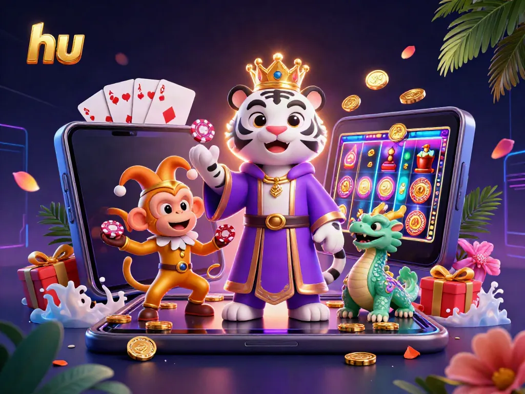 Engaging 3D scene at hu casino featuring playful characters and vibrant gaming elements.